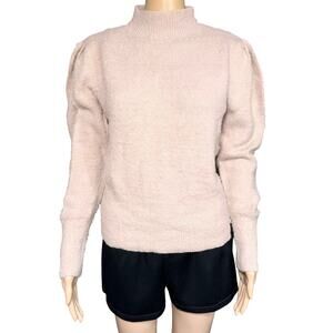 Marled by Reunited Womens Fuzzy Knit Sweater Pullover Mock Neck Puff Sleeve Pink
